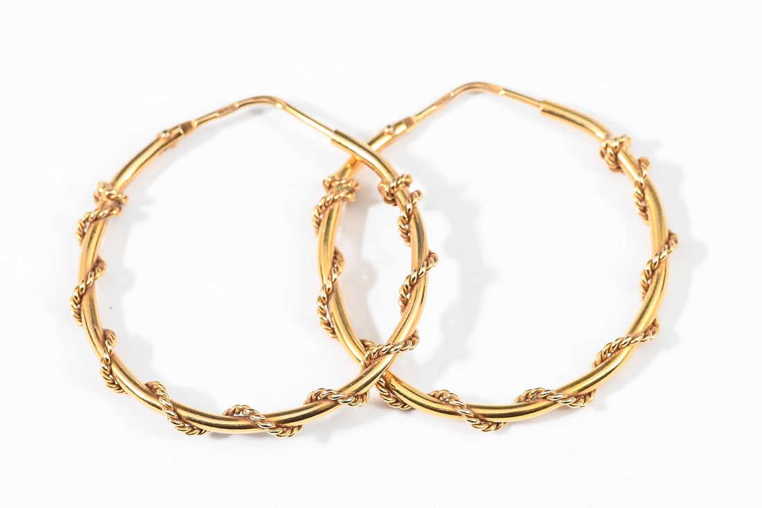 18K GOLD TWISTED WIRE WRAP HOOP EARRINGS BY FARO: 18K GOLD TWISTED WIRE WRAP HOOP EARRINGS BY FARO: 18K yellow gold hoop earrings with twisted wire by Faro. Weight 5.5 grams.
