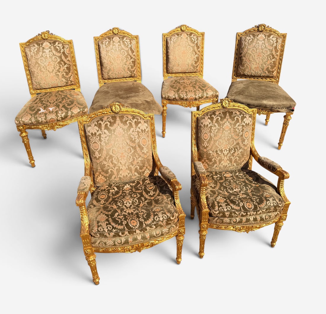6 PC 19TH-C LOUIS XVI STYLE CARVED GILTWOOD CHAIRS (1 of 9)