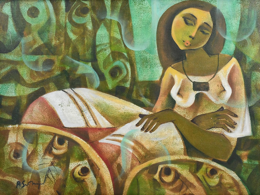 ROGER SAN MIGUEL FISH SELLER PAINTING: SAN MIGUEL, Roger, (Filipino, b. 1941): Impressionist-Style Portrait of a Woman Selling Fish, Oil/Canvas, 18.25" x 24", signed lower right, dark carved wood frame, 23.25" x 29.375".