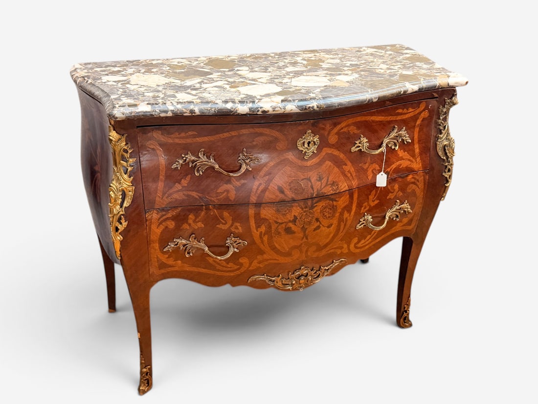 MARQUETRY INLAID MARBLE TOP 2-DRAWER ORMOLU MOUNTE: MARQUETRY INLAID MARBLE TOP 2-DRAWER ORMOLU MOUNTED: Marquetry inlaid 2- Drawer Marble top Commode, having Foliate motif handles & mounts. Raised on square legs with metal mounted feet. Approx. 36.5" 