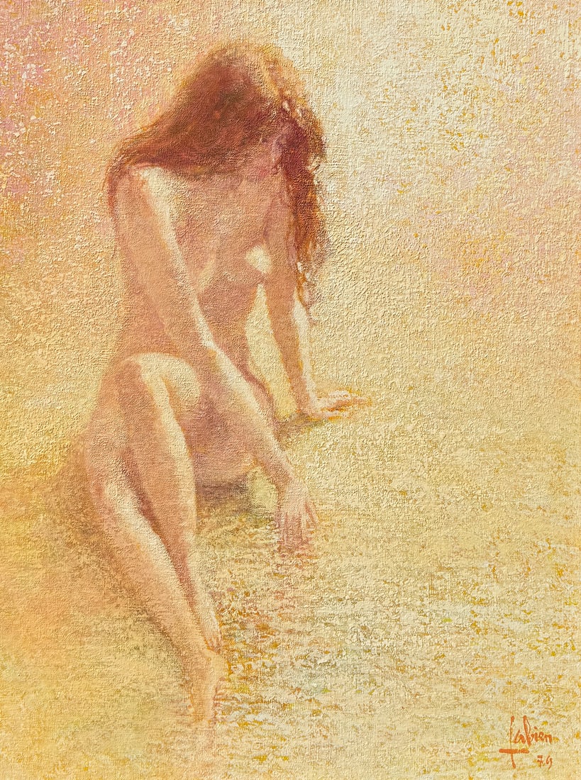 LOUIS FABIEN NUDE BEAUTY BY THE WATER PAINTING: FABIEN, Louis, (French, 1924-2016): "Baigneuse", Oil/Canvas, 25.5" x 20", signed lower right, dated ?79, framed, 33.25" x 27.25".