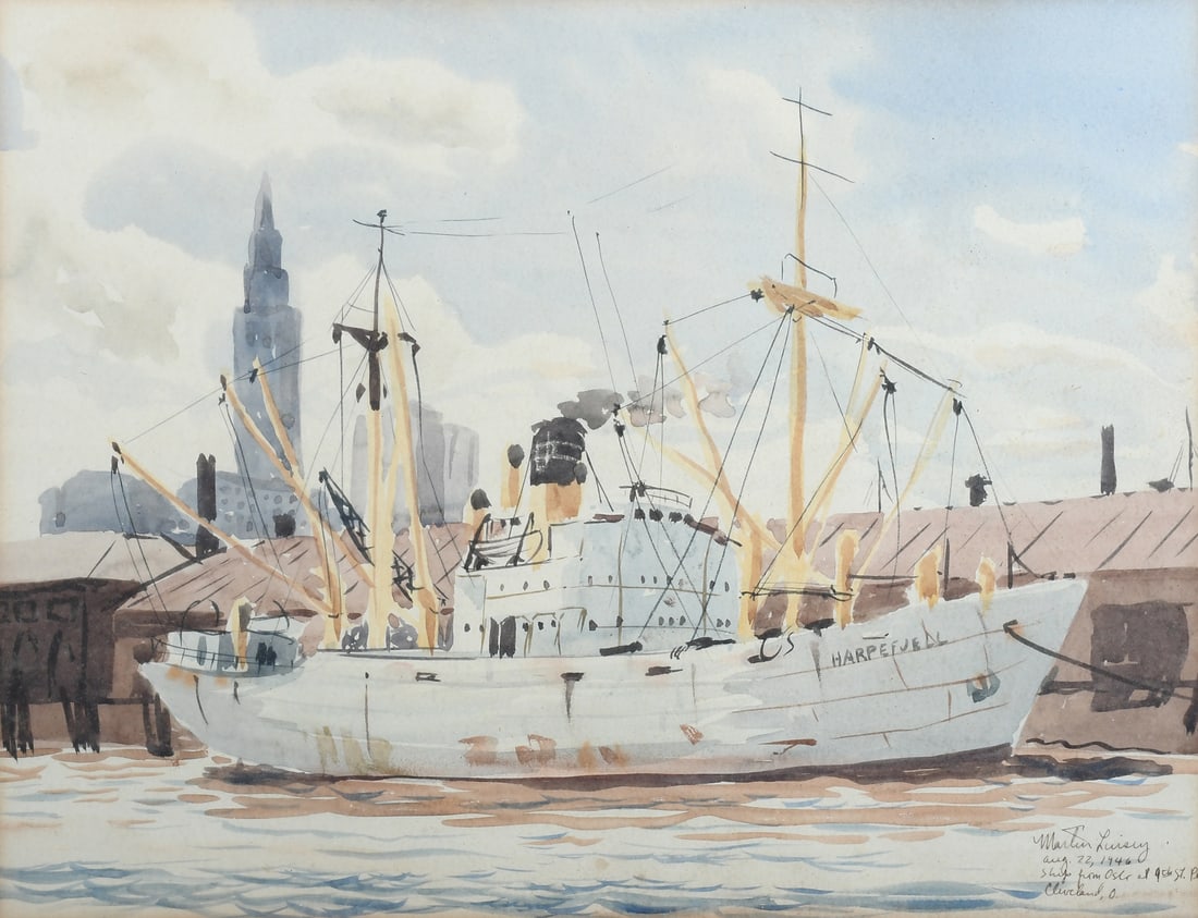 MARTIN LINSEY DOCKED SHIP WATERCOLOR PAINTING: LINSEY, Martin, (American, 1915-2010): "Ship from Oslo at 9th Street Pier, Cleveland, O." Watercolor, sight size 14.25" x 18.875", signed lower right and dated "Aug. 22, 1946", matted and framed, 23.5