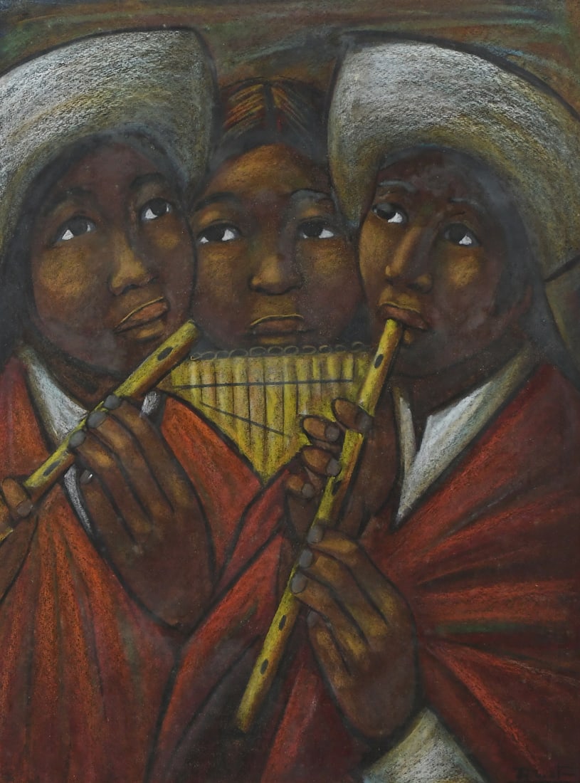 ARTURO NIETO MUSICIANS PASTEL: NIETO, Arturo, (Ecuadorian, 1933-1995): Three Musicians, Pastel, sight size 24.5" x 18.25", signed lower right, carved wooden frame, 34.5" x 28.5".