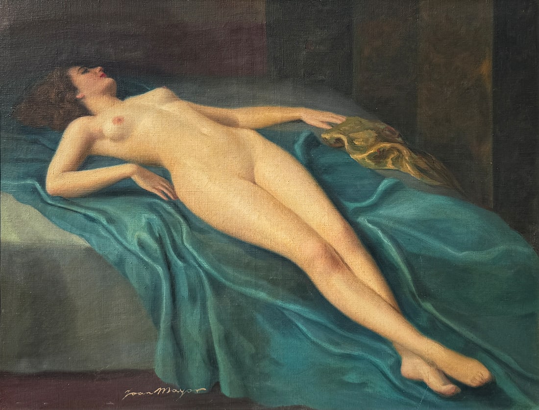 JOAN MAYOR RECLINING NUDE BEAUTY ON A BLUE BLANKET: MAYOR, Joan, (French, 1890-1970): Reclining Nude Beauty on a Blue Blanket, Oil/Canvas, 19.5" x 25.5", signed lower left, framed, 24" x 30".