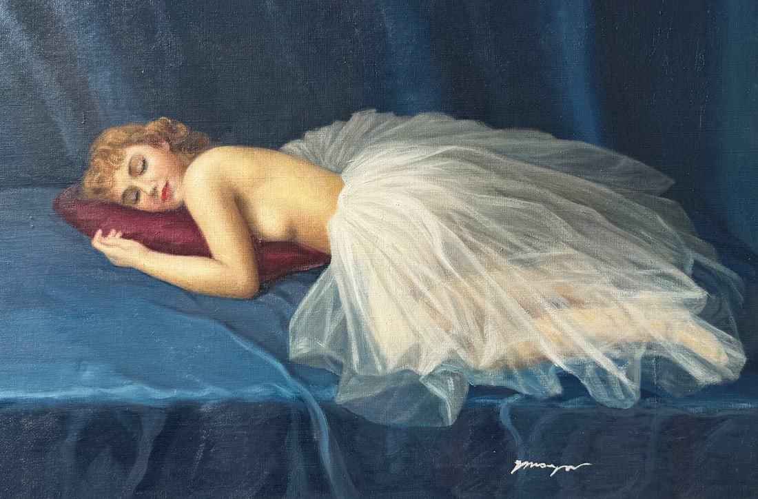 JOAN MAYOR SLEEPING BALLERINA PAINTING: MAYOR, Joan, (French, 1890-1970): Sleeping Topless Ballerina, Oil/Canvas, 21" x 32", signed lower right, framed, 27" x 37.5".