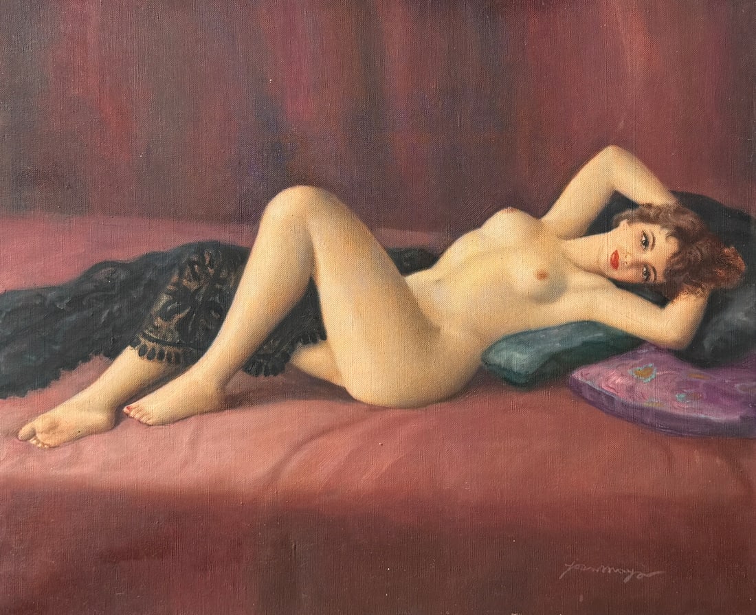 JOAN MAYOR RECLINING NUDE REDHEAD BEAUTY PAINTING: MAYOR, Joan, (French, 1890-1970): Reclining Redheaded Nude Beaty, Oil/Canvas, 18" x 22", signed lower right, pierce-carved frame, 26" x 30".