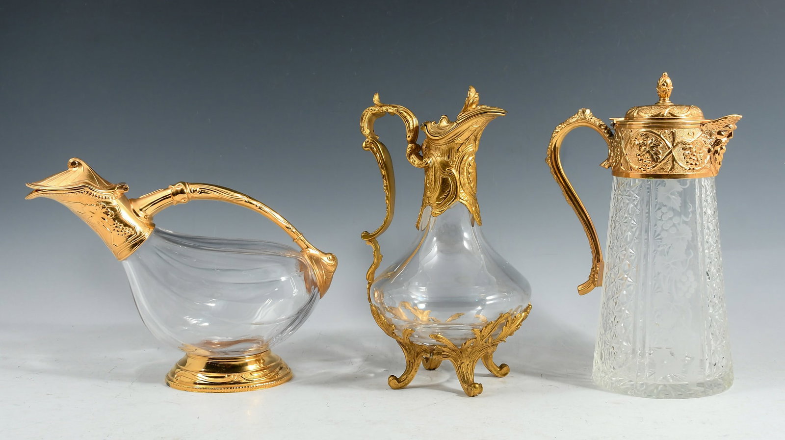 3 PC. FRENCH METAL MOUNTED CARAFES & DECANTERS (1 of 5)