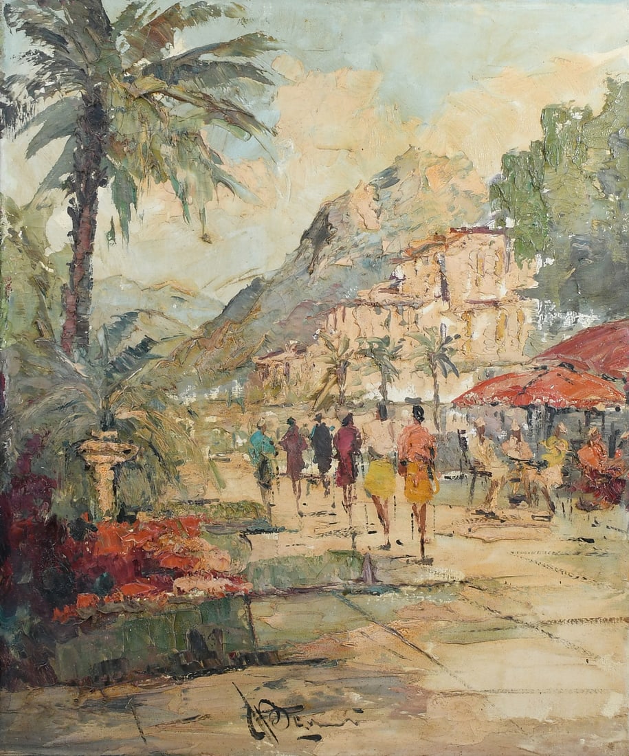 ILLEGIBLY SIGNED TROPICAL MARKET SCENE PAINTING (1 of 4)
