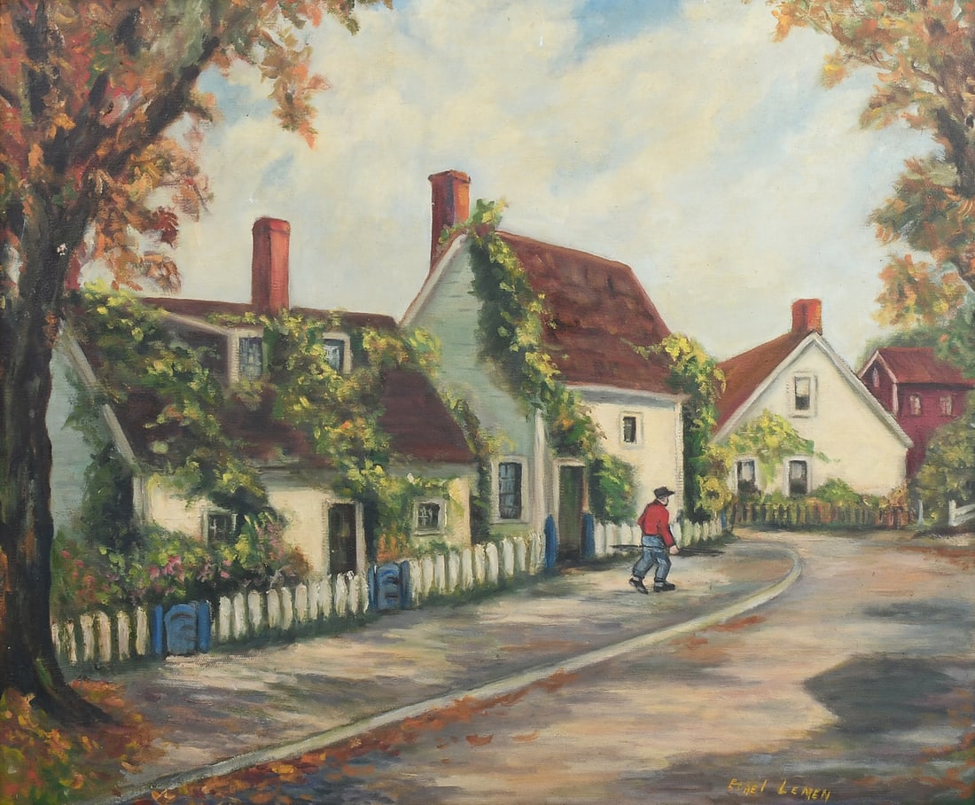QUIET TOWN LANDSCAPE PAINTING SIGNED ETHEL LEMEN: QUIET TOWN LANDSCAPE PAINTING SIGNED ETHEL LEMEN: "Rockport Cove", Quiet Town Street with Man Walking, Oil/Canvas, 20.125" x 24.125", signed "Ethel Lemen" lower right, framed, 24" x 28".