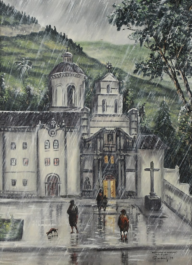 JORGE GUARDERAS ECUDORIAN CHURCH PAINTING: GUARDERAS, Jorge, (Ecuadorian, 20th Century): "Santuario de Guapulo", South American Church on a Rainy Day, Oil/Canvas, 31.5" x 23.5", signed lower right with title and inscribed "Quito-Ecuador", also