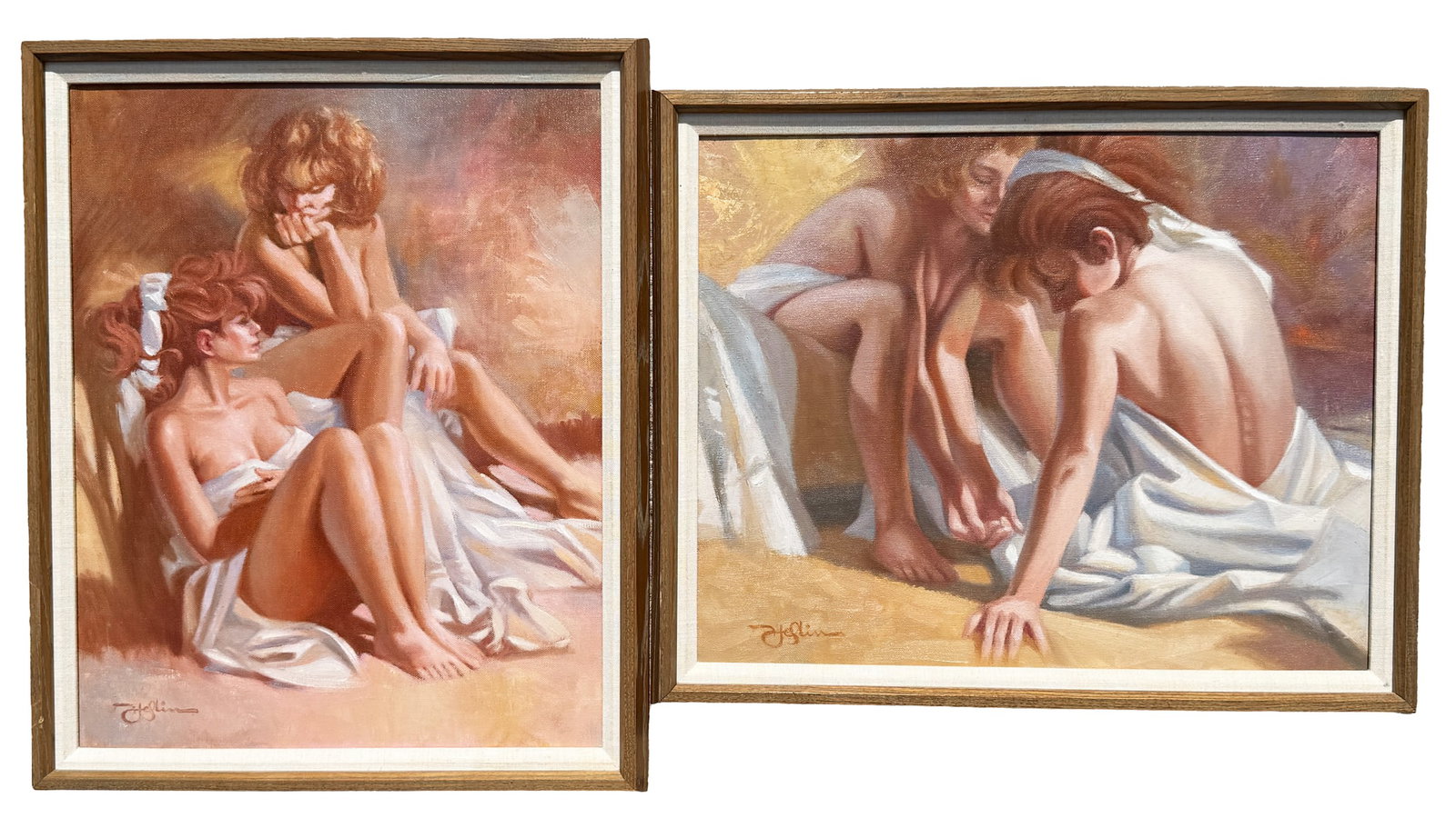 TWO TOM HEFLIN PAINTINGS: HEFLIN, Tom Pat, (American, b. 1934): 1) ?Conversation?, Oil/Canvas, 20" x 16", signed lower left, old label verso with price tag of $950, framed, 22.5" x 18.5"; 2) ?Sisters?, Oil/Canvas, 16" x 20", s