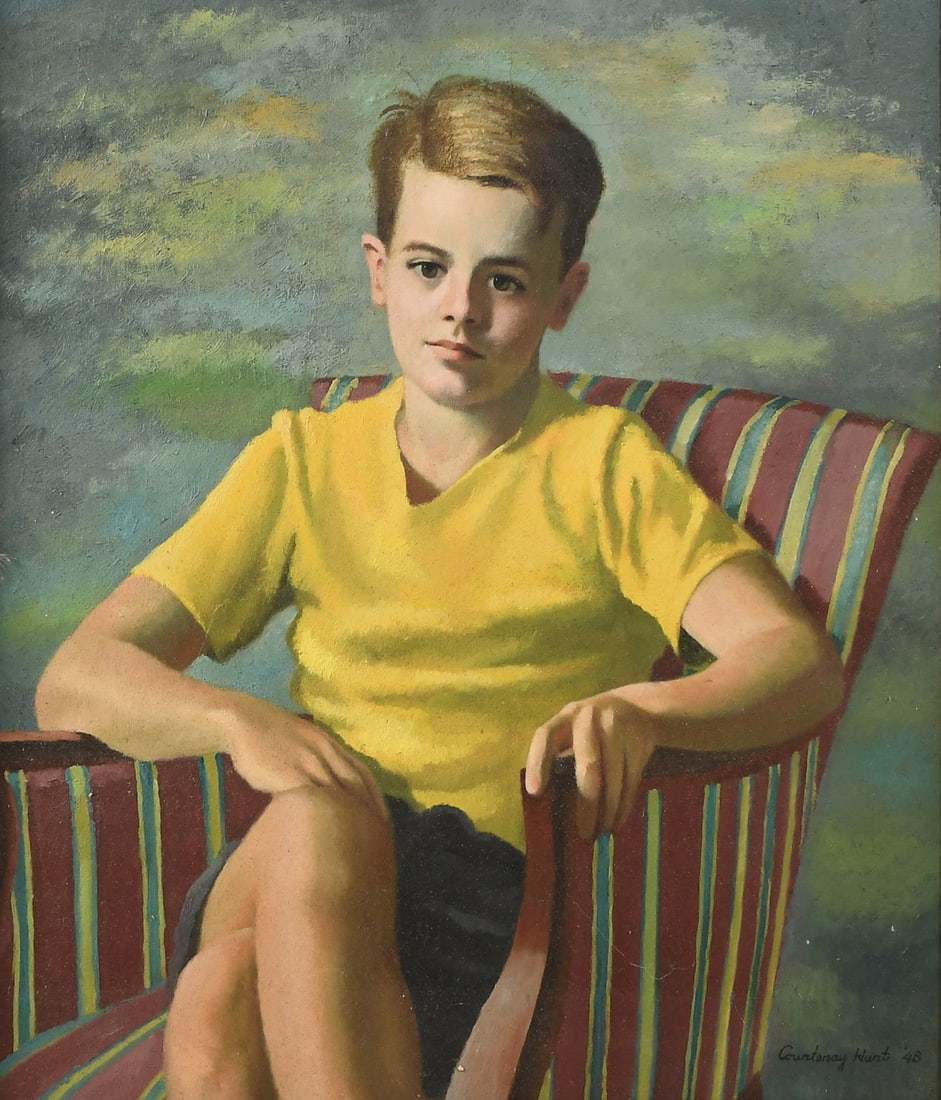 COURTENAY HUNT PORTRAIT PAINTING: HUNT, Julian Courtenay, (American, 20th Century): Portrait of a Young Man in a Yellow Shirt Sitting in a Chair, Oil/Canvas, 28.25" x 24.25", signed lower right and dated '48, framed, 34" x 30".