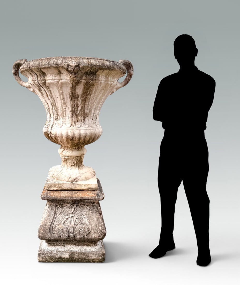 LARGE URN FORM CONCRETE GARDEN STATUE/PLANTER: LARGE URN FORM CONCRETE GARDEN STATUE/PLANTER ON PEDESTAL BASE: Tall wide-mouth urn with short column pedestal. Urn measures 34.25" in height and 29.75" in diameter. Stands 53.75" when placed on pedes
