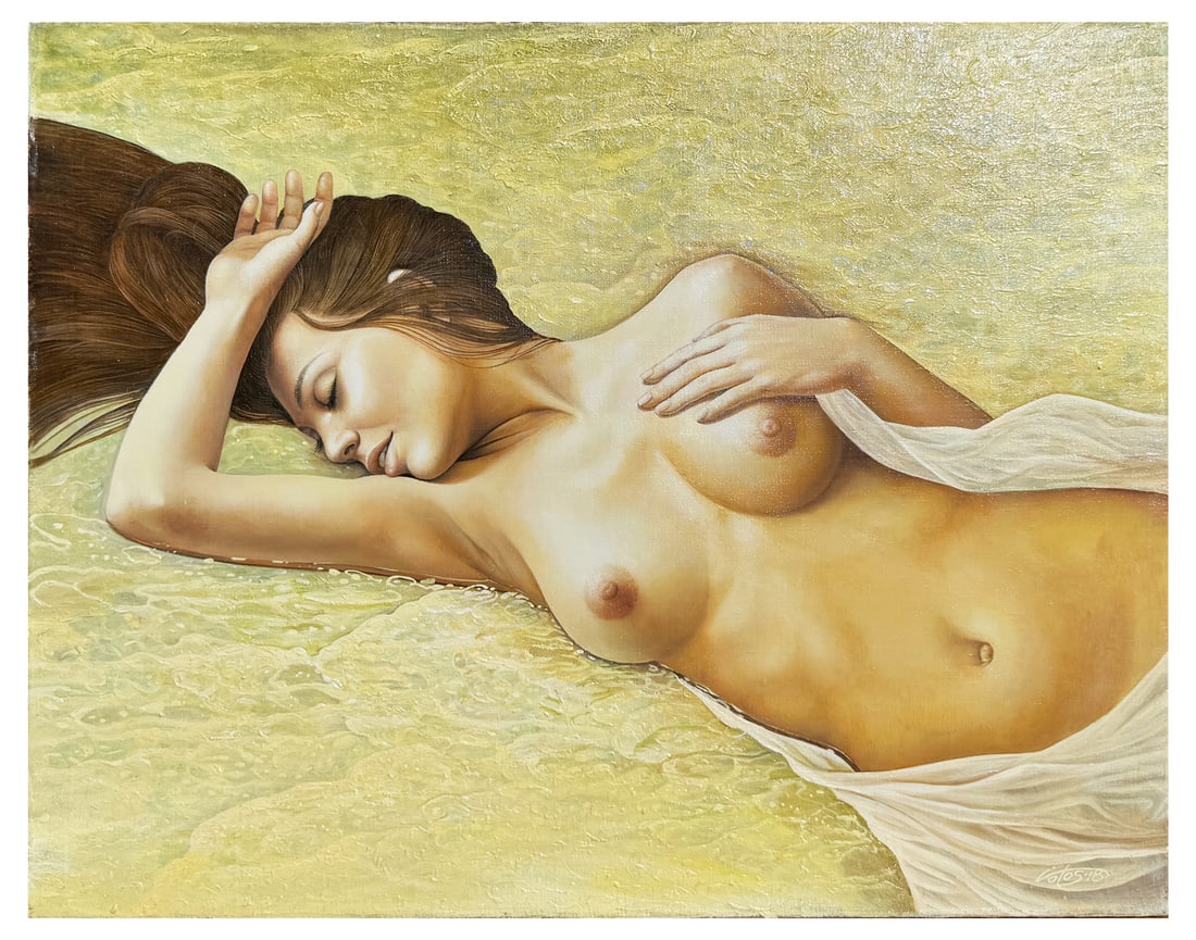 IGOR VOLOSNIKOV PHOTOREALIST NUDE BEAUTY PAINTING: VOLOSNIKOV, Igor, (Russian, b. 1964): Nude Beauty, Oil/Canvas mounted to Masonite, 29.5" x 37.25", signed lower right and dated ?18, unframed.
