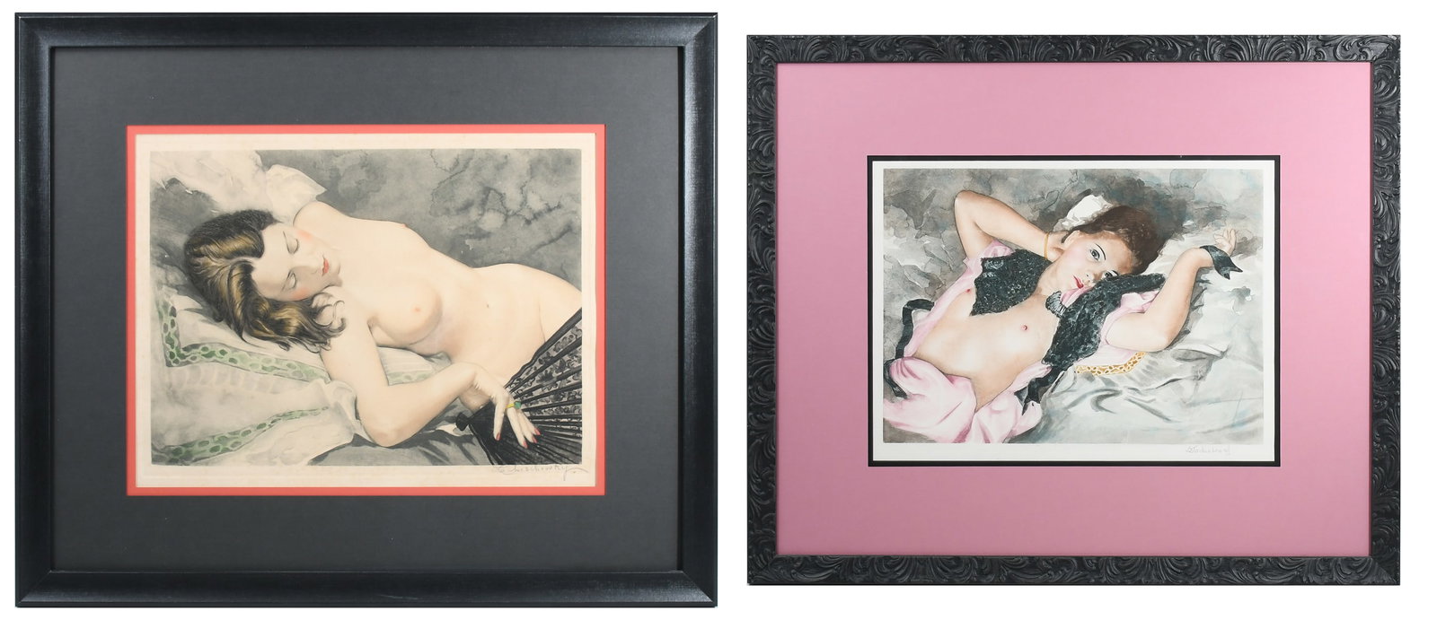 TWO LEV TCHISTOVSKY NUDE BEAUTY MEZZOTINTS: TCHISTOVSKY, Lev, (Russian/French, 1902-1969): Two Mezzotints: 1) Sleeping Nude Beauty with Fan, sight size 14.25" x 20.25", pencil signed lower right, framed, 26" x 31"; 2) Reclined Beauty, sight