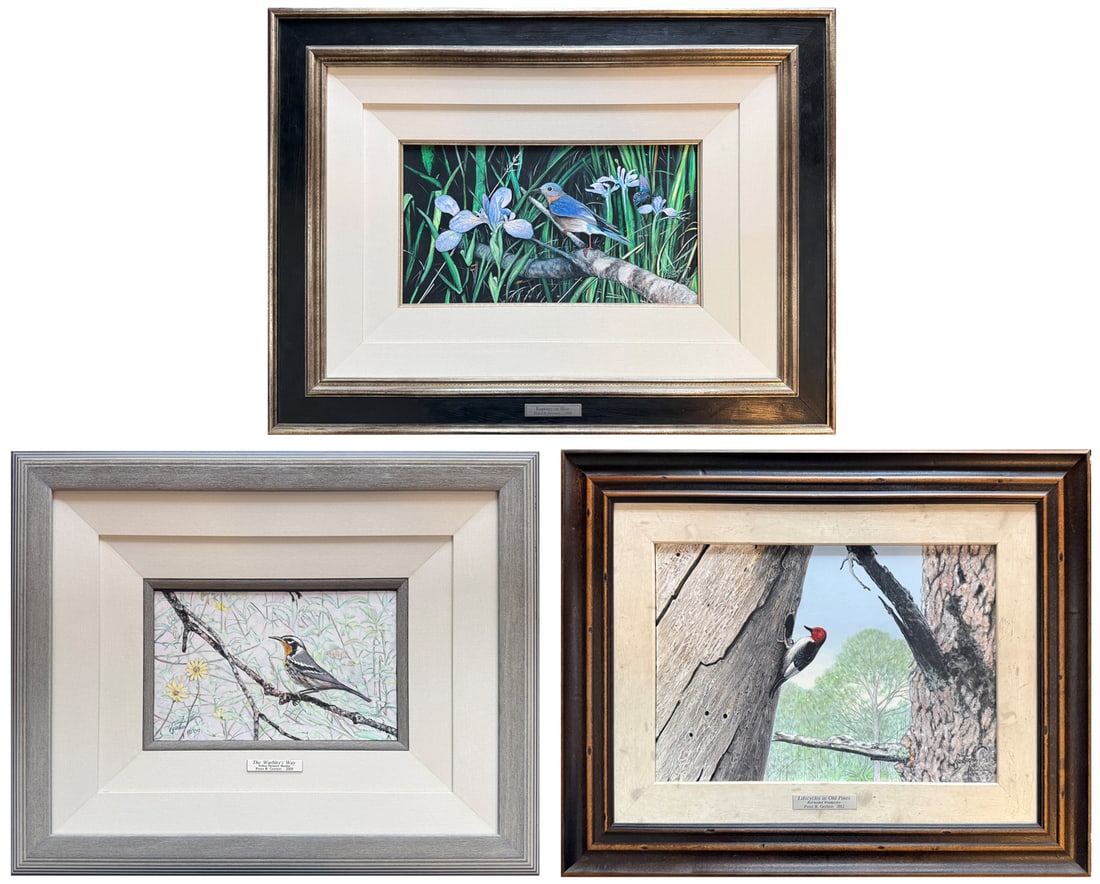 THREE PETER GERBERT BIRD PAINTINGS: GERBERT, Peter, (American, 20th Century): 1) "The Warbler?s Way", Oil/Board, sight size 6.5" x 10.5", signed lower left and dated ?09, framed, 18.5" x 22.5"; 2) "Rapture in Blue", Oil/Board, sight siz