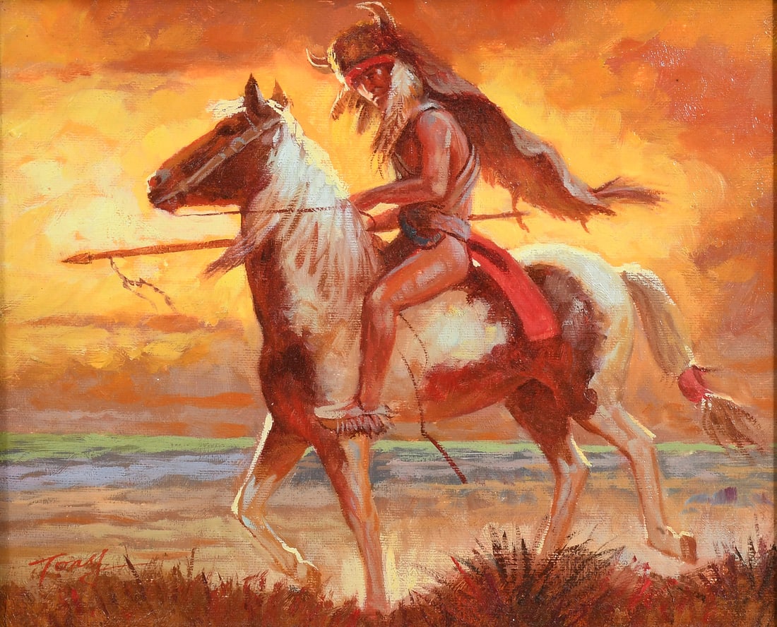 ILLEGIBLY SIGNED NATIVE AMERICAN WARRIOR ON HORSEB (1 of 4)