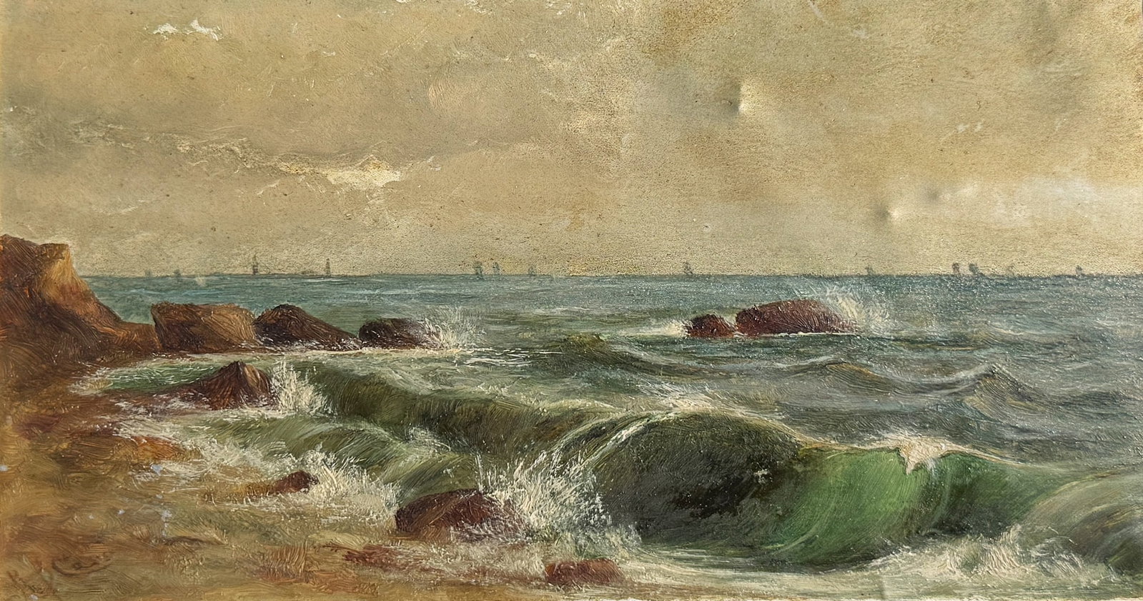 BLACK ROCKS MASSACHUSETTS COASTAL PAINTING: 19TH C BLACK ROCKS MASSACHUSETTS COASTAL PAINTING: Signed lower left R.B. Cass?, (possibly Rosa), Oil/Tin, 5" x 9", faint inscription verso, (Black Rocks, below Nantasket Beach, Boston Lights in Dista