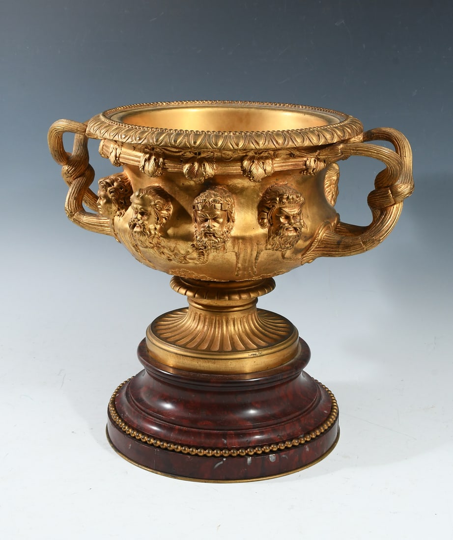 19TH-C. FRENCH GRAND TOUR GILT BRONZE WARWICK VASE: 19TH-C. FRENCH GRAND TOUR GILT BRONZE WARWICK VASE: