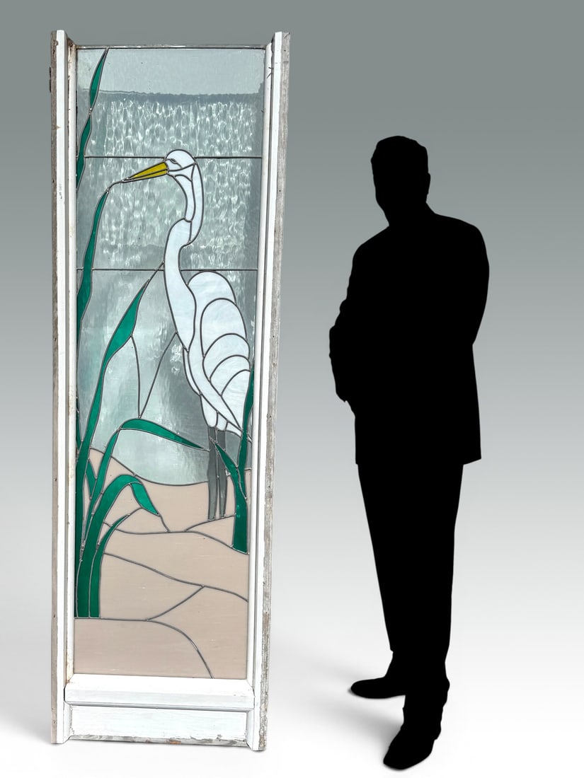 TALL EGRET MOTIF STAINED GLASS PANEL (1 of 3)