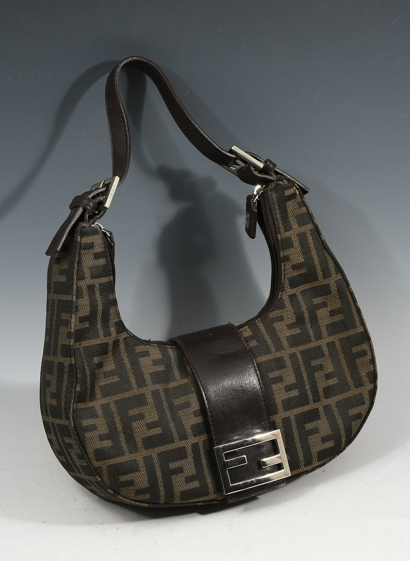 FENDI PURSE: FENDI PURSE: Fendi tobacco Zucca hobo shoulder bag of coated canvas and smooth brown leather. Measures 10.5" in diameter.