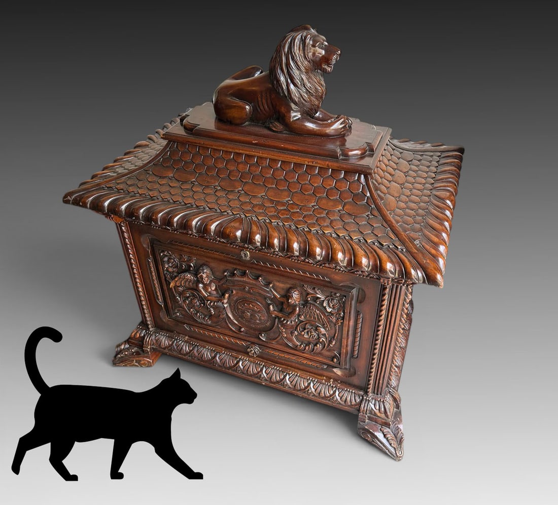 RICHLY CARVED MAHOGANY CASSONE W/ LION CREST (1 of 6)