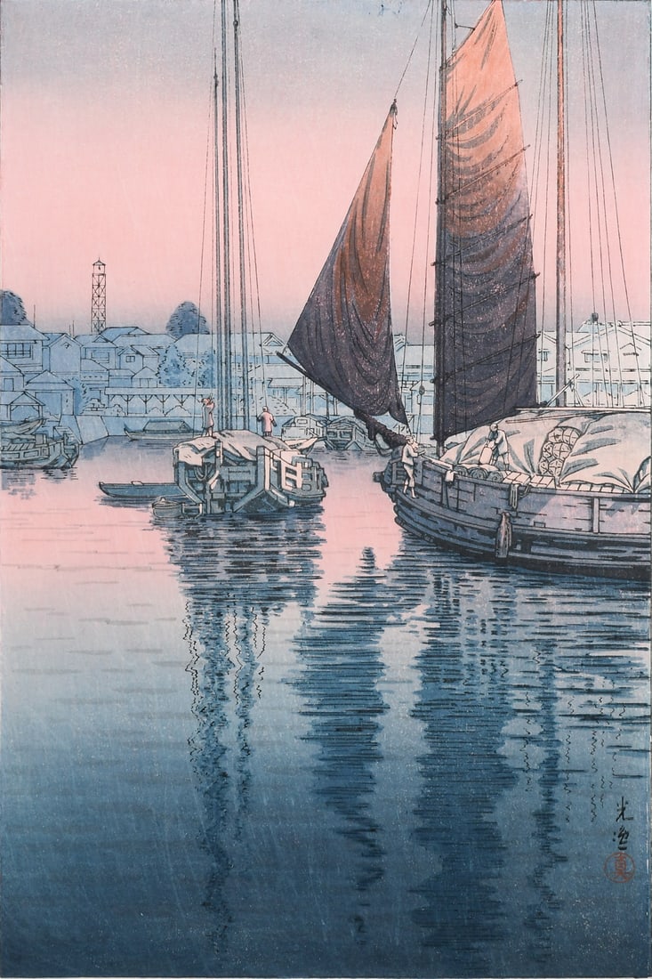 TSUCHIYA KOITSU JAPANESE WOODBLOCK PRINT: KOITSU, Tsuchiya, (Japanese, 1870-1949): ?Sunset at Tomonotsu?, Woodblock Print, sight size 14.75" x 10", seal in left margin, framed, 22.5" x 17".