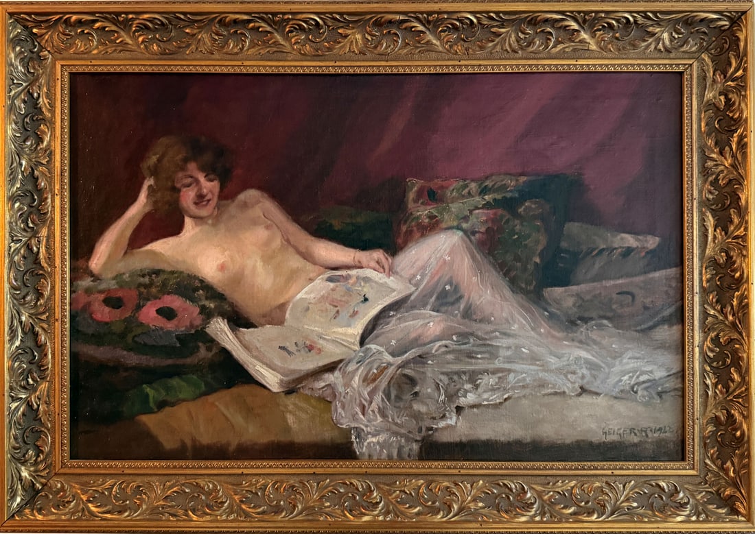 RICHARD GEIGER RECLINING NUDE PAINTING: GEIGER, Richard, (Austrian, 1870-1945): Reclining Nude Beauty Smiling and Reading a Magazine, Oil/Canvas, 21.75" x 32.25", signed lower right and dated 1922, framed, 27.25" x 39.125".