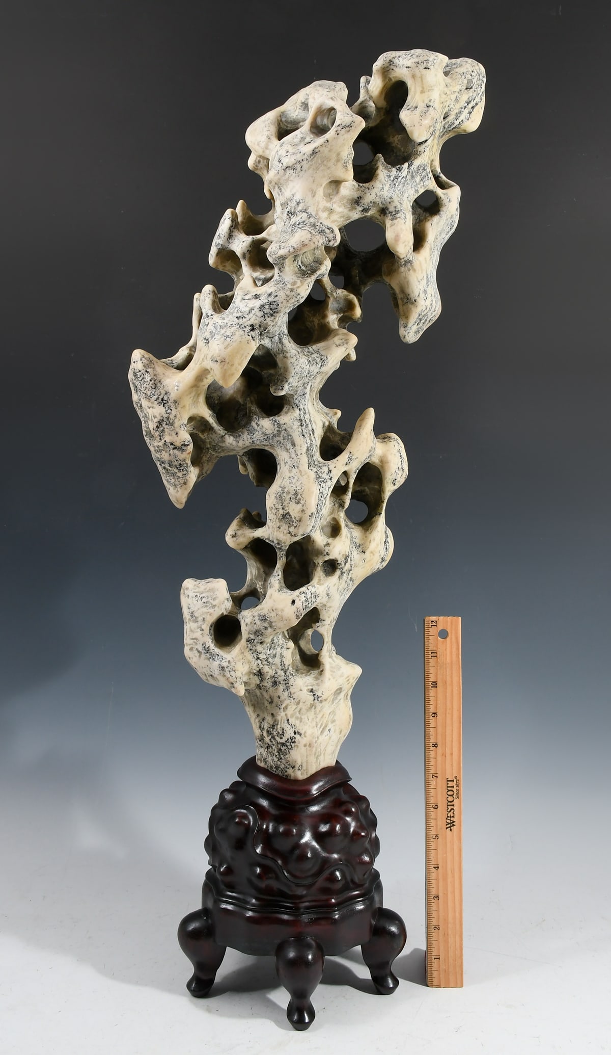 CHINESE TAIHU LAKE SCHOLAR'S ROCK ON ROSEWOOD BASE (1 of 6)
