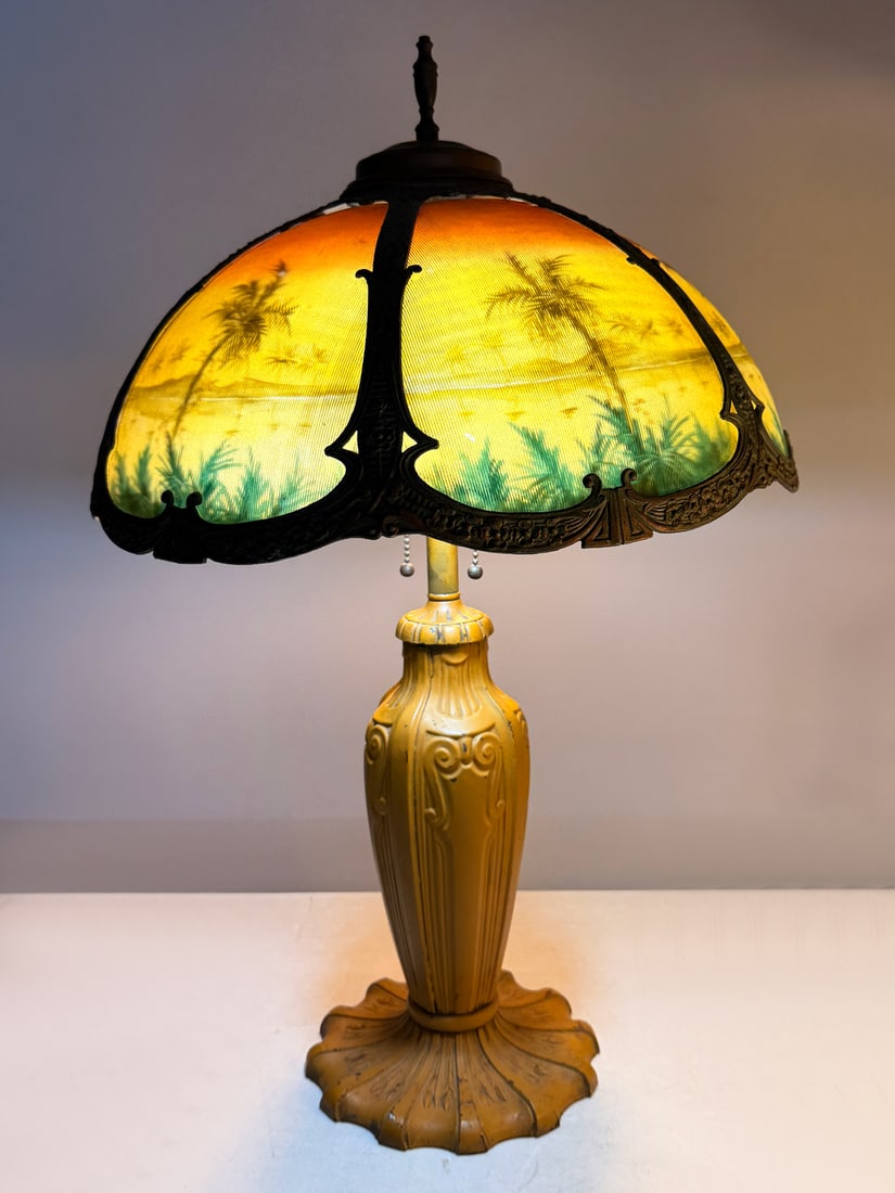 EARLY 1900'S REVERSE PAINTED PALM TREE LAMP (1 of 6)