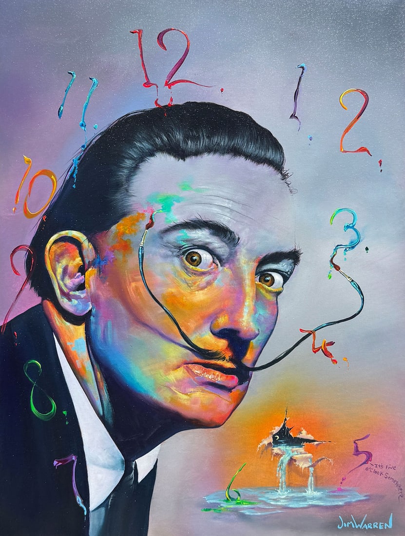 LARGE JIM WARREN PORTRAIT PAINTING OF SALVADOR DALI: WARREN, Jim, (American, b. 1949): "Dali - a Self Created Man", Acrylic/Canvas, 40" x 30", signed lower right, signed/titled/dated verso, framed, 48.5" x 38.25". Sold with a Park West Certificate of Au