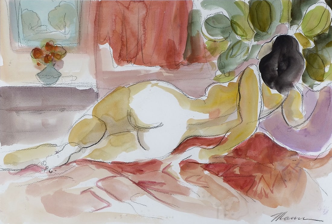 ORIGINAL ISAAC MAIMON RECLINING NUDE WATERCOLOR PAINTING (1 of 3)
