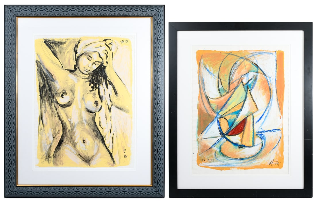 TWO LAURENCE HURST WORKS ON PAPER: HURST, Laurence, (American, 20th Century): Two Oils/Paper: 1) Nude Portrait of a Woman, sight size 23.5" x 17.75", signed upper right, dated 10-9-98 lower right, framed, 34.5" x 28.5"; 2) Abstract Com