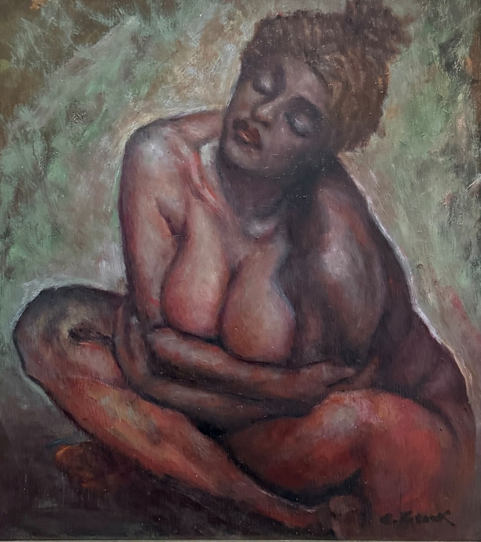 ALEXANDER BROOK VOLUPTUOUS NUDE WOMAN PORTRAIT: BROOK, Alexander, (American, 1898-1980): Seated Nude Portrait of a Voluptuous Dark-Skinned Woman, Oil/Masonite, 10" x 9", signed lower right, gilded frame, 12.5" x 11.625".
