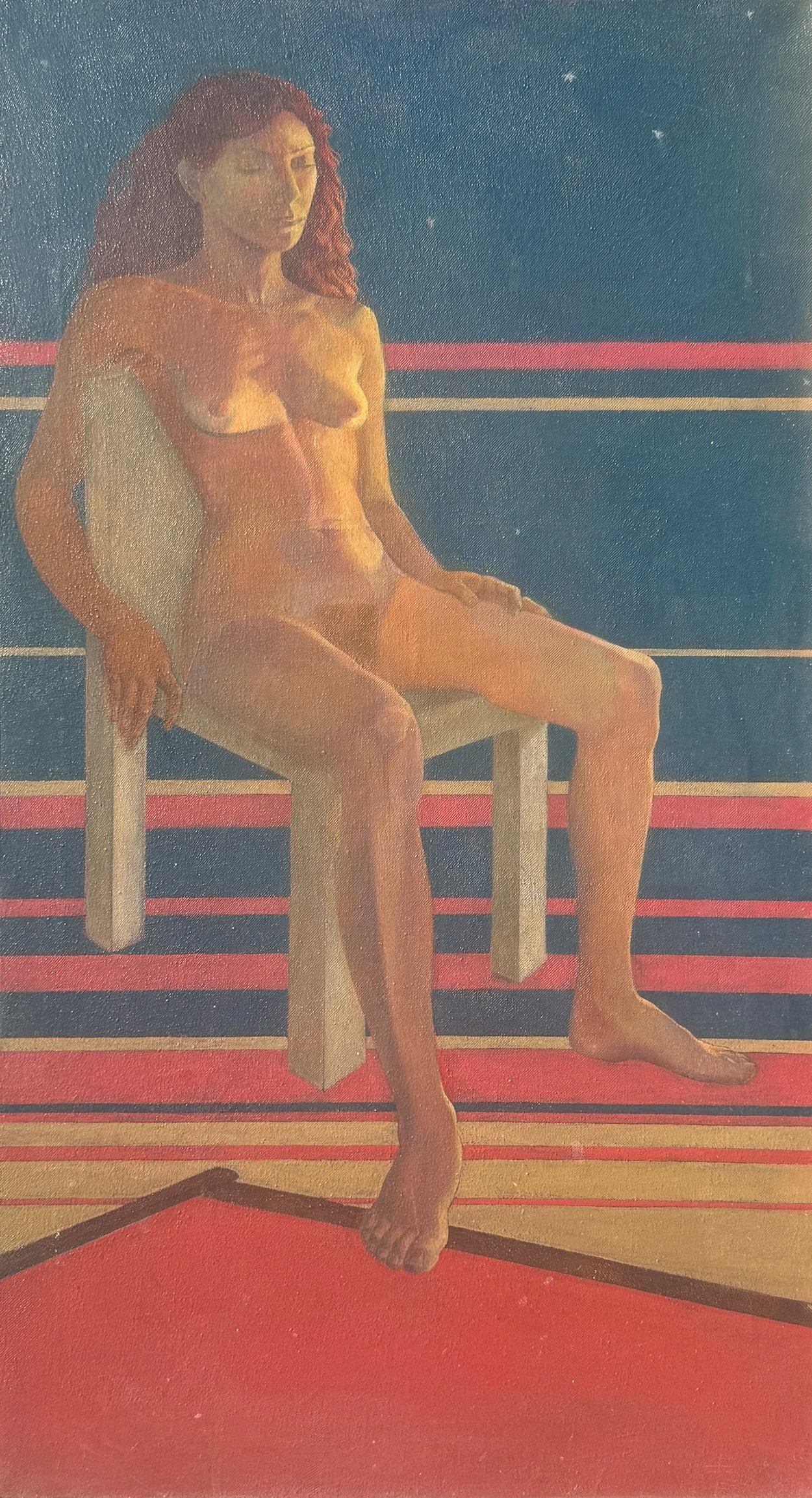 UNSIGNED ART DECO-ERA NUDE PAINTING: UNSIGNED ART DECO-ERA NUDE PAINTING: Nude Model Seated in a Chair, Oil/Canvas, sight size 29.75" x 16.75", no visible signature, framed, 32.25" x 19.25".