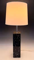 MCM WALTER VON NESSEN SQUARE COLUMN MARBLE LAMP: MCM WALTER VON NESSEN SQUARE COLUMN MARBLE LAMP: A Modernist Marble square column table Lamp with Milk Glass shade, married with a cloth shade. Approx. 32.5" h x 8" dia. Cloth shade 14" dia.