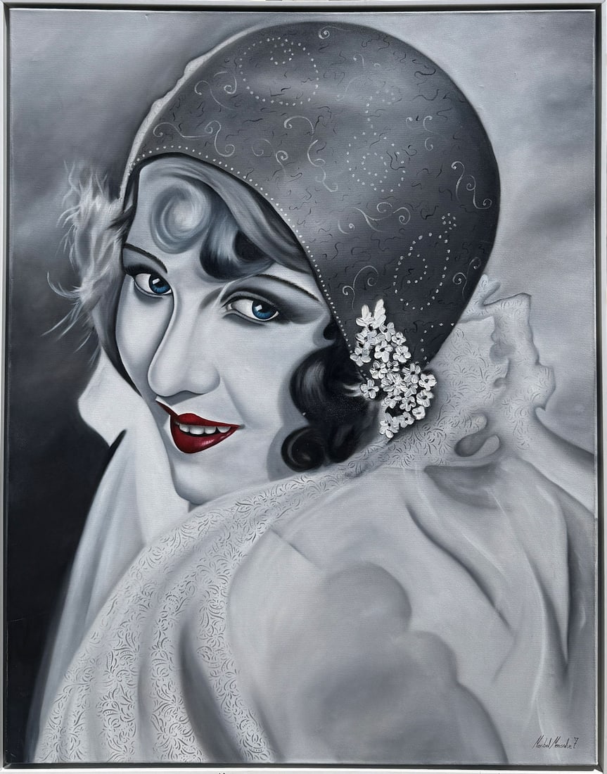 FLAPPER PORTRAIT PAINTING SIGNED MARIBEL MONSALVE: FLAPPER PORTRAIT PAINTING SIGNED MARIBEL MONSALVE: Acrylic/Canvas, 50.75" x 39.25", signed lower right, float-mounted in modern frame, 52.5" x 40.875".