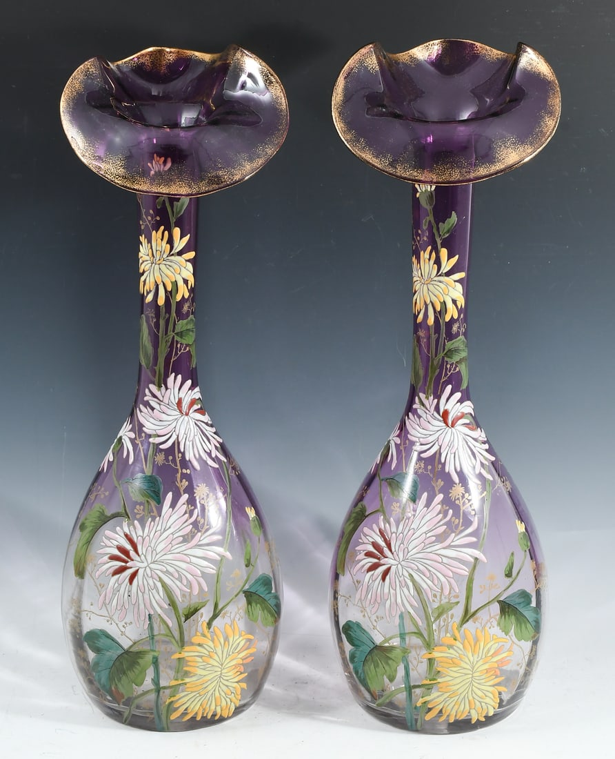 PR. OF TALL ENAMALED MONT JOYE GLASS VASES (1 of 4)