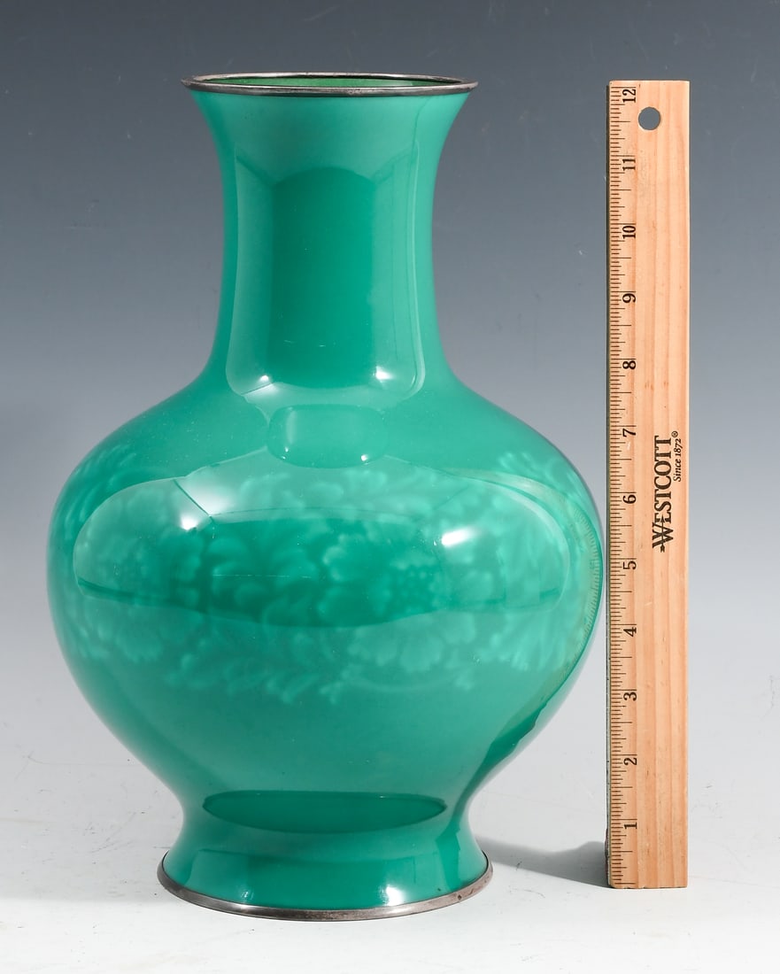 JAPANESE ANDO JUBEI CLOISONNE & SILVER VASE: JAPANESE ANDO JUBEI CLOISONNE & SILVER VASE: A Japanese baluster form wireless Cloisonne vase, by Ando Jubei, having a Peony motif. Pure Silver rim & foot. Underside of foot bears the "Jingin" (Pure S