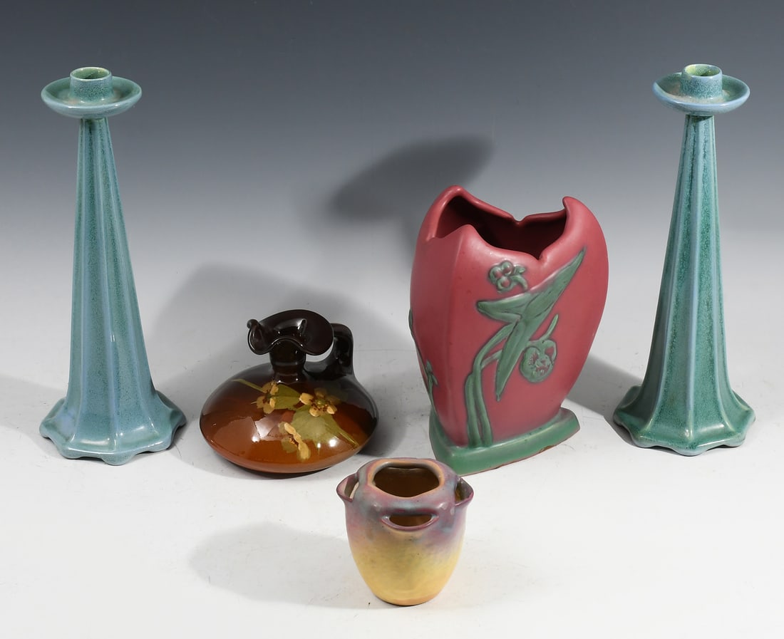 5 PC. WELLER POTTERY VASES & CANDLESTICKS (1 of 4)