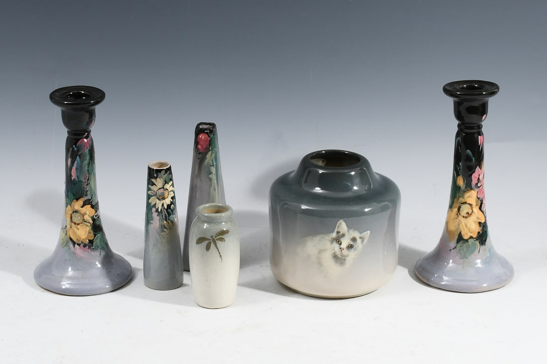 6 PC. WELLER EOCEAN POTTERY CANDLESTICKS & VASES (1 of 4)