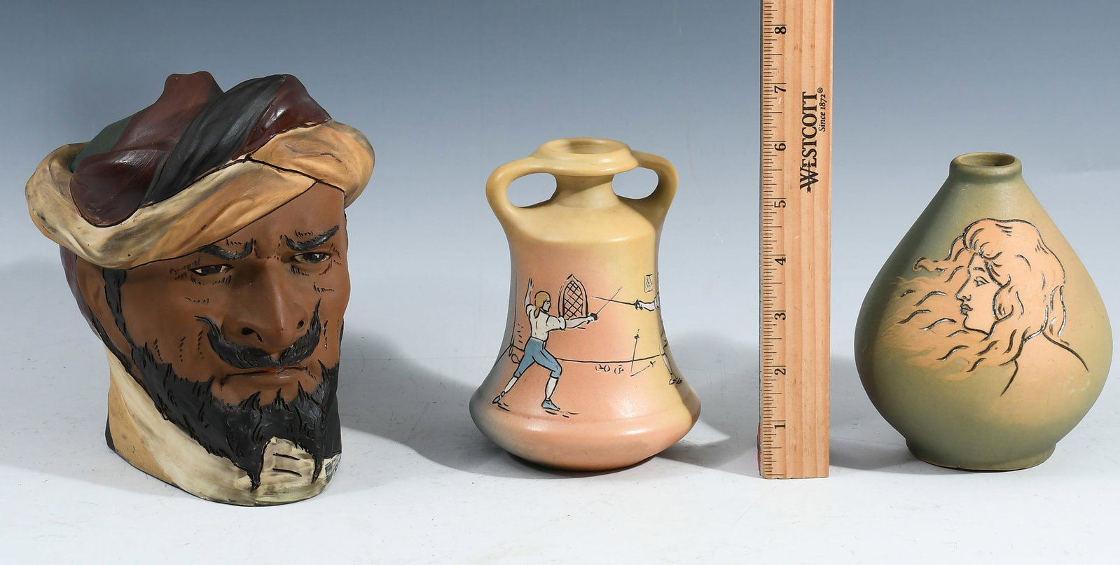 3 PC. WELLER DICKENSWARE POTTERY HUMIDOR & VASES (1 of 3)