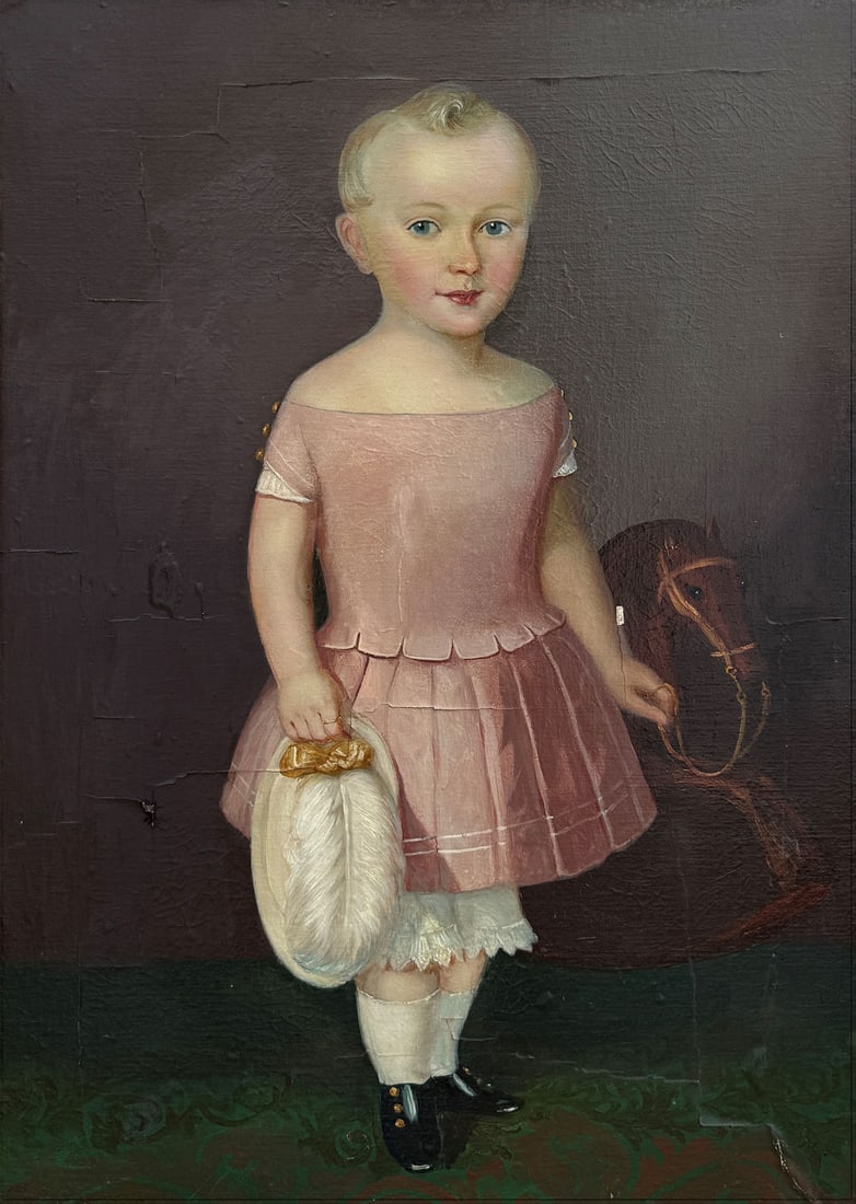 FOLK ART PORTRAIT CHILD W/ TOY HORSE (1 of 1)