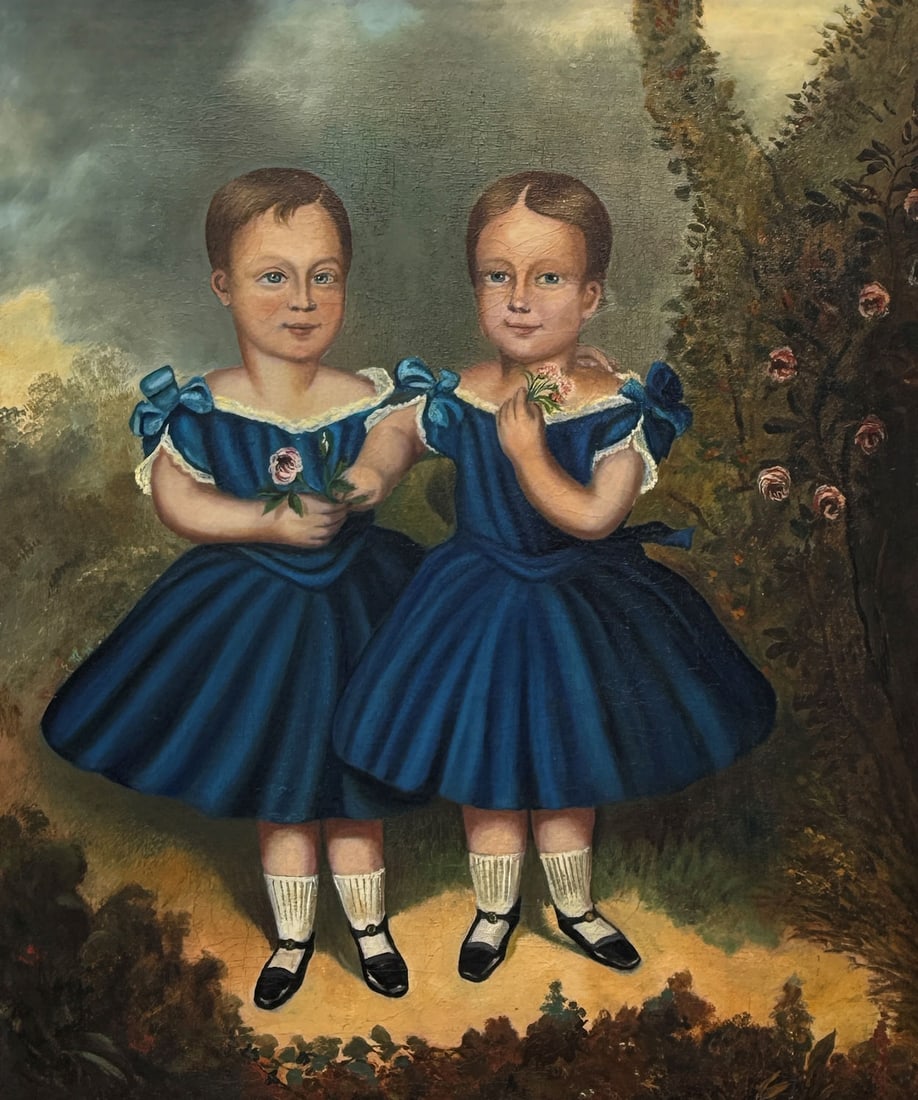 SISTERS IN BLUE FOLK ART PORTRAIT PTG. (1 of 4)