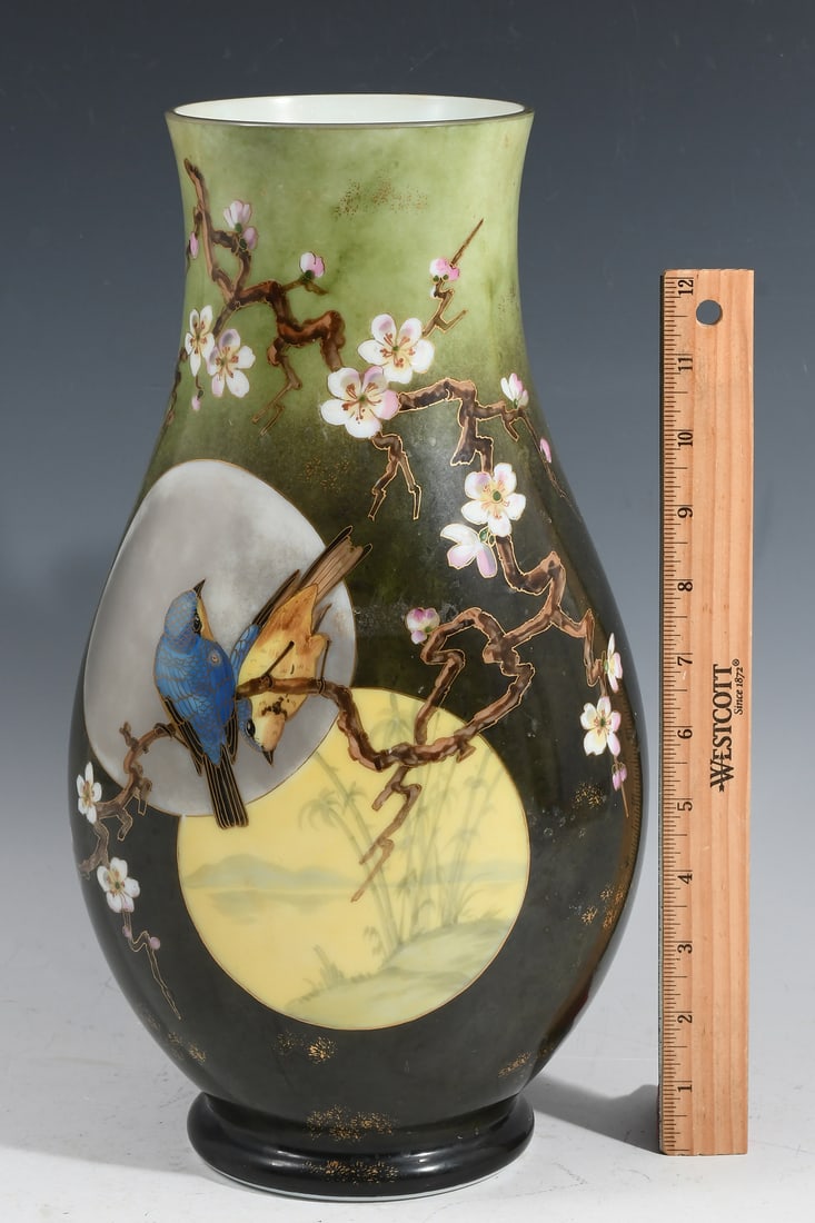 19TH-CENTURY BACCARAT OPALINE JAPONISME GLASS VASE: 19TH-CENTURY BACCARAT OPALINE JAPONISME GLASS VASE: Victorian Baccarat Opaline art glass vase, having perched Birds amongst a blossoming Cherry Tree. Dated at the underside,"3 Janvier 1880" (January 3