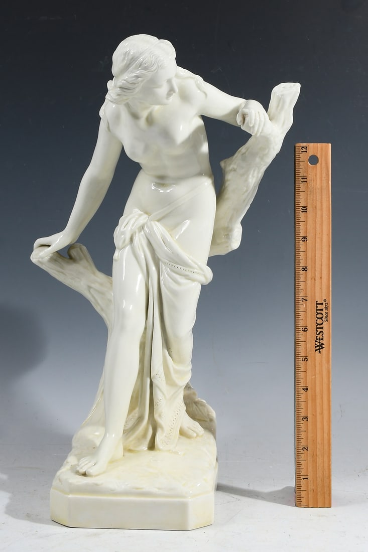 WEDGWOOD NEOCLASSICAL PORCELAIN NUDE: WEDGWOOD NEOCLASSICAL PORCELAIN NUDE: Wedgwood Neoclassical Porcelain Nude Female resting upon a tree stump. Approx. 15.5" h x 9.75" w x 7.375" d.