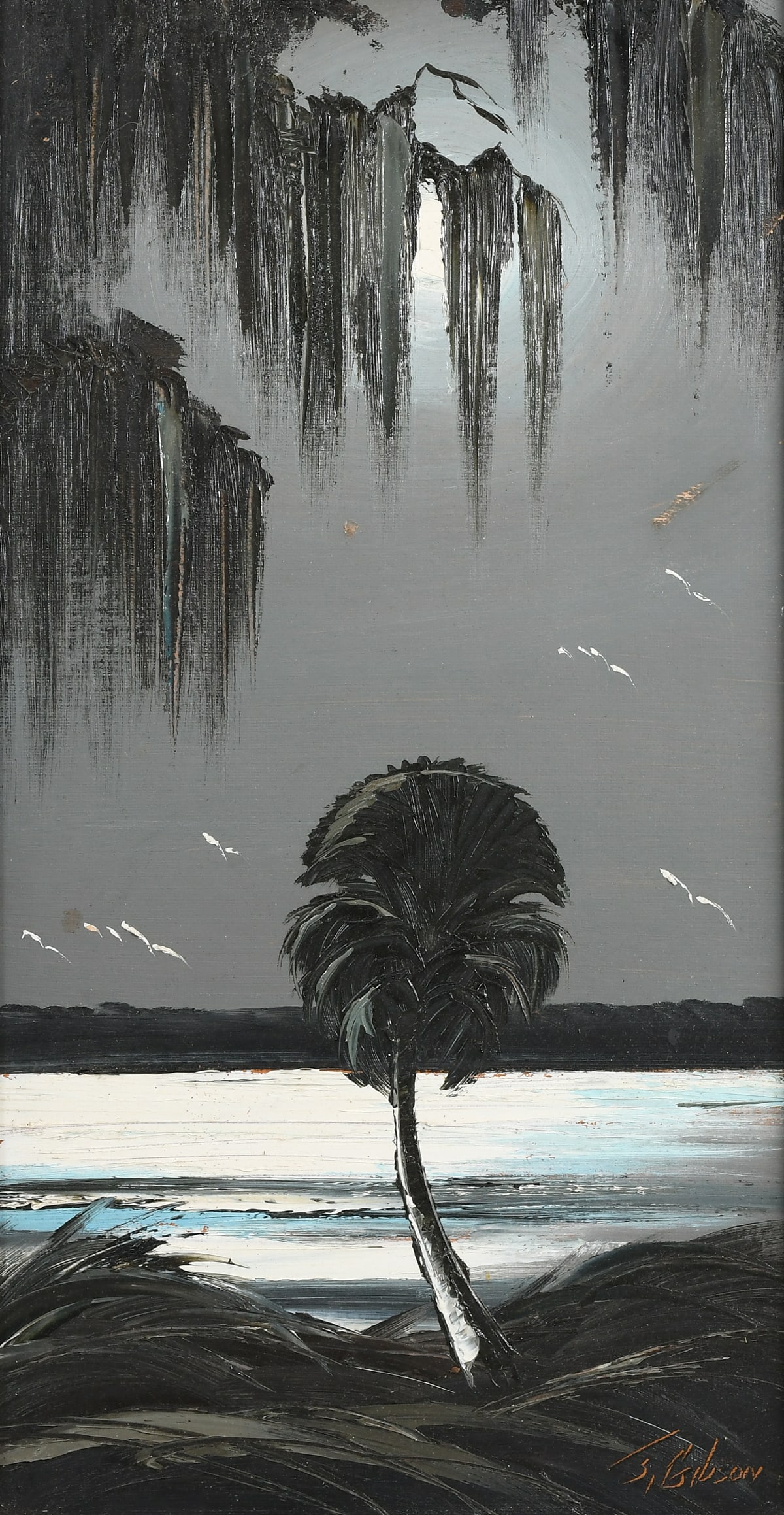 JAMES GIBSON HIGHWAYMEN NIGHTTIME BEACH SCENE: GIBSON, James, (American, 1938-2017): Florida Highwaymen Nighttime Beach Scene with Lone Palm Tree, Oil/Board, 22.25" x 12.5", signed lower right, painted wood frame, 24.75" x 15".