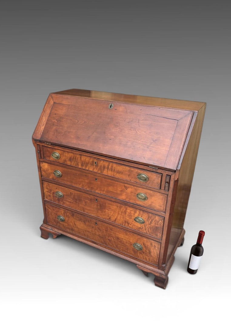 18TH-C. FLAME WALNUT 4-DRAWER SLANT FRONT DESK (1 of 4)