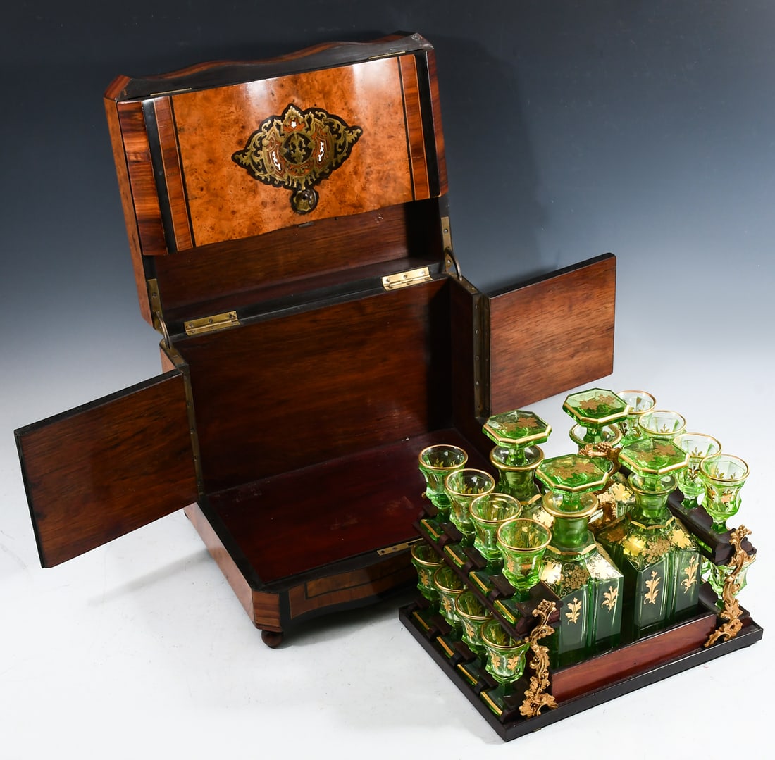 19TH CENTURY MARQUETRY INLAID TANTALUS VASELINE GLASS (1 of 6)