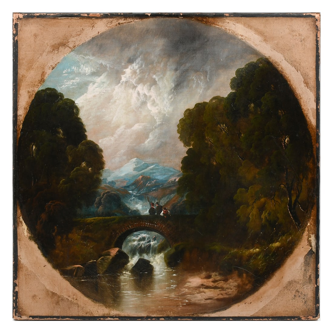 19TH-CENTURY LANDSCAPE PAINTING IN THE STYLE OF CONSTABLE: 19TH-CENTURY LANDSCAPE PAINTING IN THE STYLE OF CONSTABLE: Depicts Three Men on a Bridge in the Country, Oil/Canvas, 20" diameter, signed lower right "J. Constable", unframed.